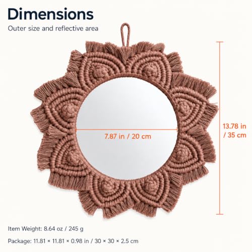 Small Boho Wall Mirror with Macrame Frame - Coffee Brown Home Decor