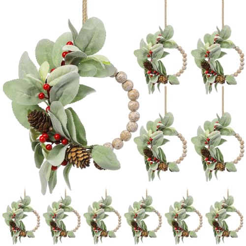 12 Pcs 10-Inch Mini Christmas Wreaths for Cabinets, Rustic Wood Bead Decor - Variation of THIS listing 12