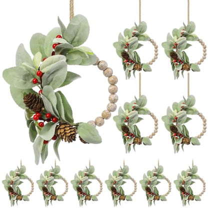 12 Pcs 10-Inch Mini Christmas Wreaths for Cabinets, Rustic Wood Bead Decor - Variation of THIS listing 12