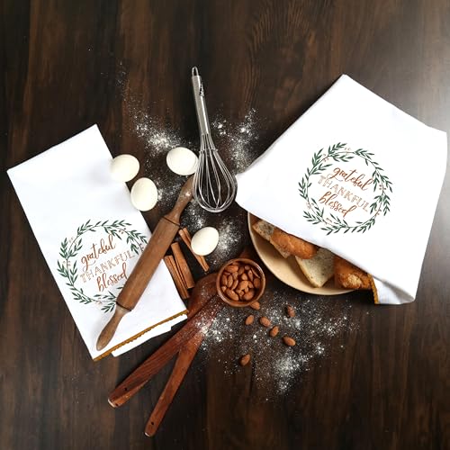 Christmas Kitchen Dish Cloths Set of 2 - White, Green, Brown Embroidered Cotton Towels 20x28 - Holiday Decor
