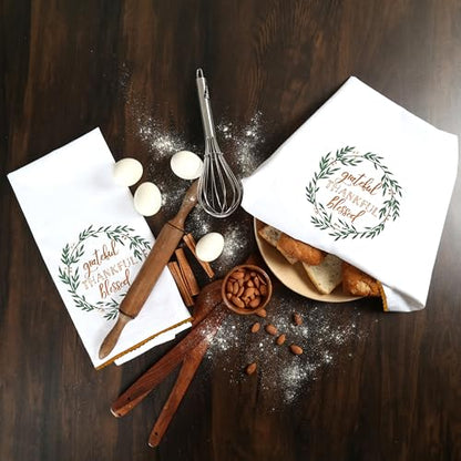 Christmas Kitchen Dish Cloths Set of 2 - White, Green, Brown Embroidered Cotton Towels 20x28 - Holiday Decor