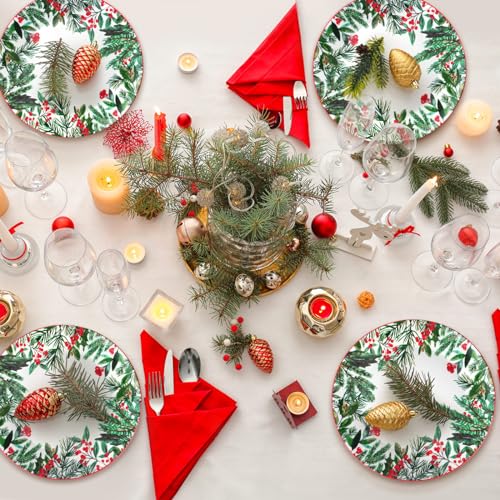 Christmas Green Dinner Plates Set of 4 with Winter Leaves Pattern