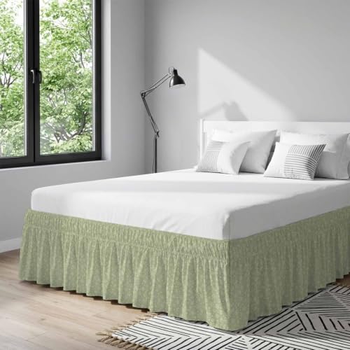 Queen Size Adjustable Elastic Bed Skirt with 16-Inch Drop Sage Green Paisley