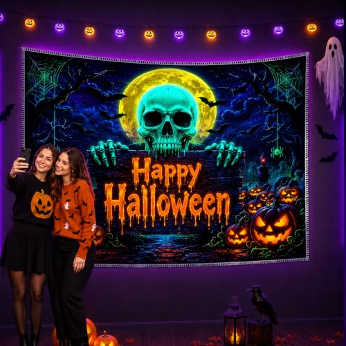 UV Reactive Halloween Tapestry Wall Hanging with Skull Pumpkin Design - Large 78x59 Inches