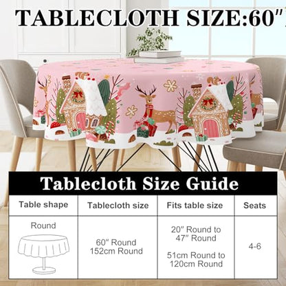Pink Christmas Round Tablecloth 60x60 Inch Gingerbread House Reindeer Decoration