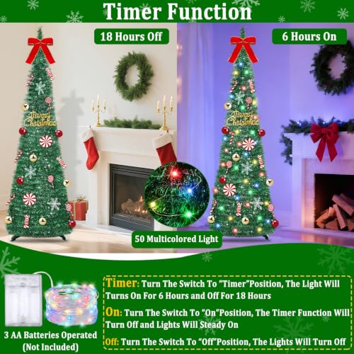 Green 6 Ft Pop Up Christmas Tinsel Tree with Lights & Ornaments - Collapsible Holiday Decor