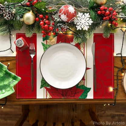 Watercolor Poinsettia Christmas Placemats Set of 4 - 12x18 Inch Seasonal Table Decor