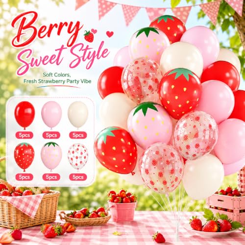 Pink and Red Strawberry Balloons Set - 12 Inch Party Decor, 30 Pieces