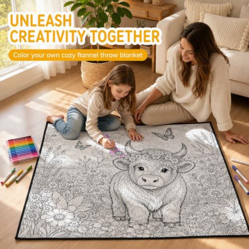 DIY Coloring Blanket Kit with 24 Markers - Kids Hand-Drawn Doodle Throw Blanket - Soft Cozy Reusable Washable Craft Gift - Variation #A