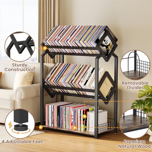 Homeiju 3-Tier Vinyl Record Storage Holder with Dividers - Space-Saving LP Organizer