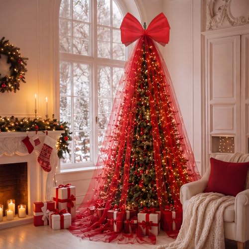 Giant Red Christmas Tree Bow Topper - 9.8Ft Matte Gauze Holiday Decor