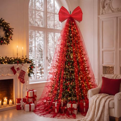 Giant Red Christmas Tree Bow Topper - 9.8Ft Matte Gauze Holiday Decor