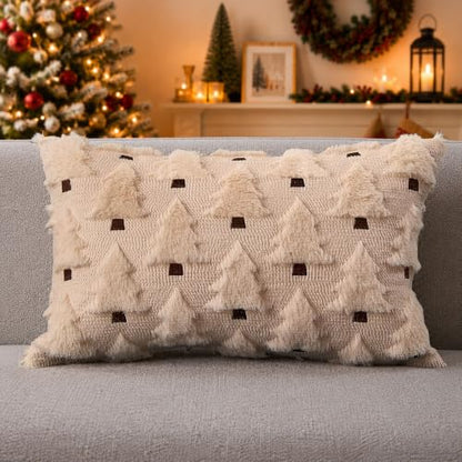 20x12 Inch Christmas Lumbar Pillow Cover Beige Plush Faux Fur Winter Home Decor