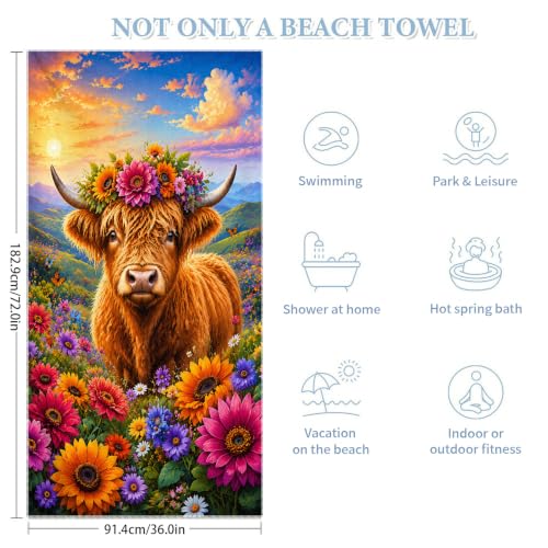 Highland Cow Pattern Beach Towel 36x72 Inch - Wildflower Variation