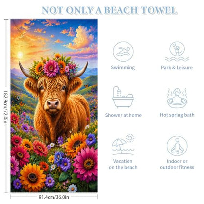 Highland Cow Pattern Beach Towel 36x72 Inch - Wildflower Variation