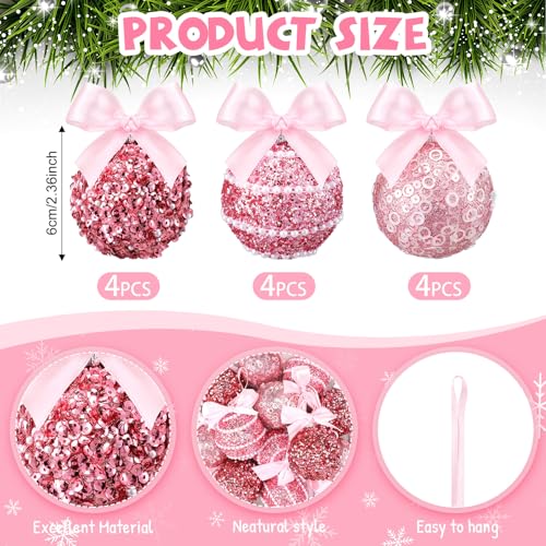 Pink Glitter Christmas Ball Ornaments Set - 12 Pack with Bow - Holiday Decor