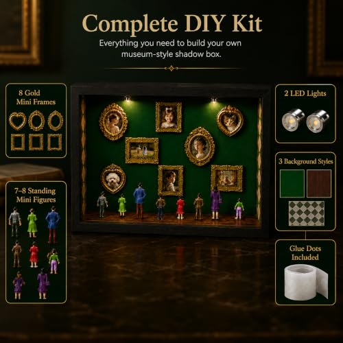 DIY Mini Museum Shadow Box Kit with Gold Frames & Figurines for Personalized Photo Display