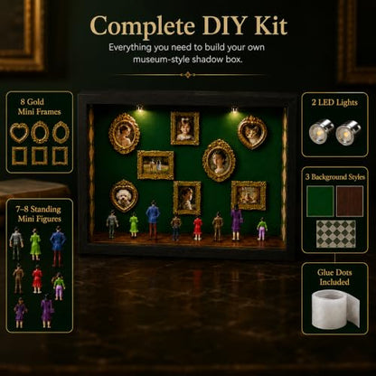 DIY Mini Museum Shadow Box Kit with Gold Frames & Figurines for Personalized Photo Display