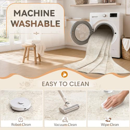 Washable 8x10 Area Rug for Living Room Vintage Boho Medallion Beige Non-Slip Low Pile Carpet