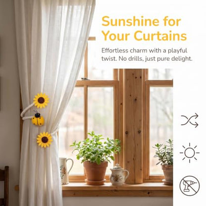 Sunflower Curtain Tiebacks with Ladybug Accent - 2 Pack, No Drill, Yellow