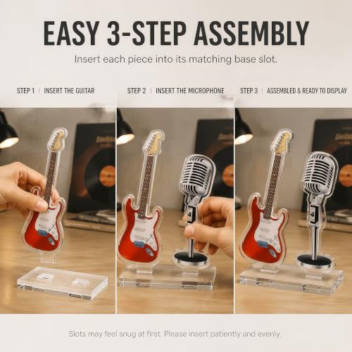 Red Acrylic Guitar and Microphone Desktop Ornament - Music Decor Stand