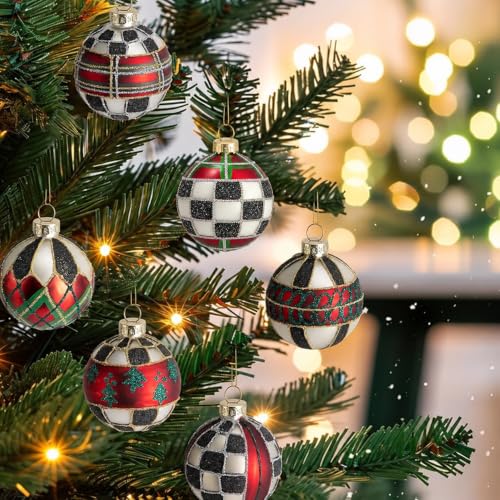 6 Pcs Christmas Buffalo Plaid Glass Hanging Ornaments - Red Green Black White