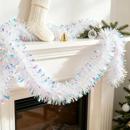 6.5FT Iridescent Christmas Tinsel Garland - Glitter Foil Holiday Decorations
