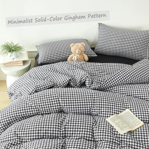 Full Gingham Bedding Set for Boys Black White Plaid Bed in a Bag 5Pcs
