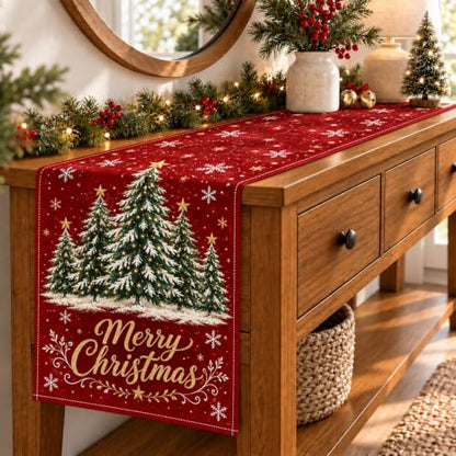 Christmas Table Runner with Red Tree Design for Holiday Dining