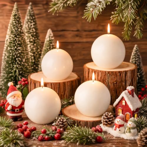 White Christmas Ball Candles 4pcs - Round Wax Table Decor