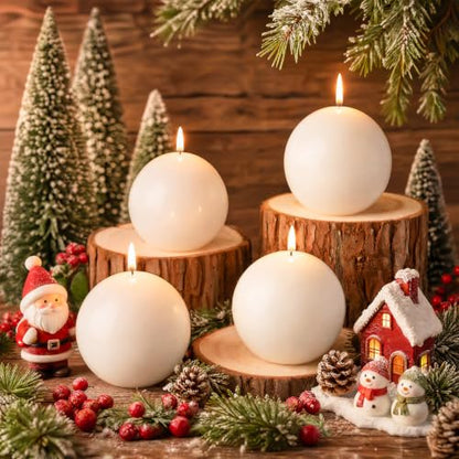 White Christmas Ball Candles 4pcs - Round Wax Table Decor