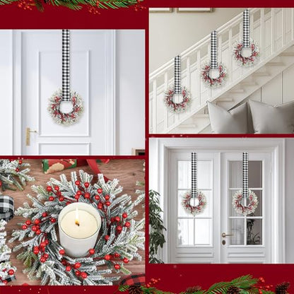 Mini Christmas Wreaths Set with Adjustable Ribbon - White & Black Plaid, 12 Pcs