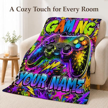 Personalized Gaming Blanket for Boys - Custom Name Gift for Kids Teens - Black