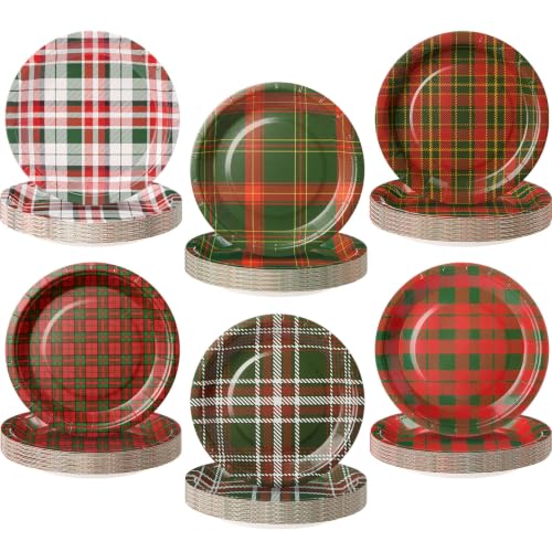 Christmas Plaid Paper Plates 7 Inch - 48 Pack Red Green White Festive Design