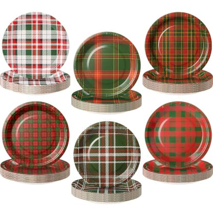 Christmas Plaid Paper Plates 7 Inch - 48 Pack Red Green White Festive Design