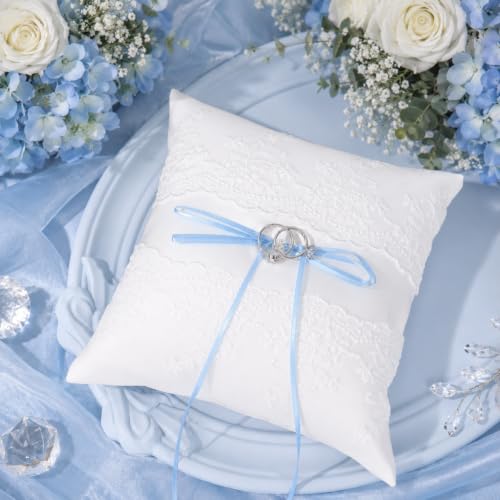 Wedding Ring Pillow with Blue Bow & Lace - 7.9 x 7.9 Inch