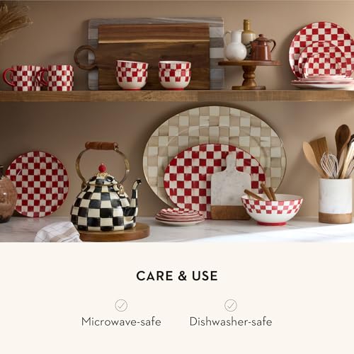 Stoneware Coffee Mug Set with Red and White Cherry Check Pattern