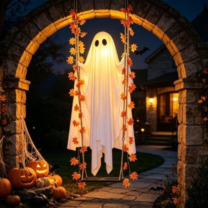 Outdoor Halloween Ghost Decor with String Lights, 4.4ft Spooky Ghost Swing