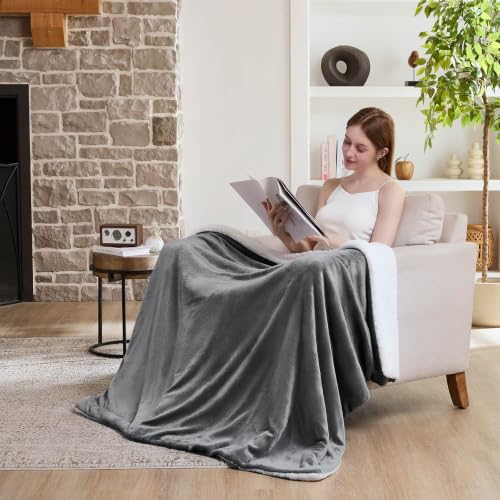 Grey Heated Blanket Electric Throw 50x60 Inches Soft Flannel Sherpa