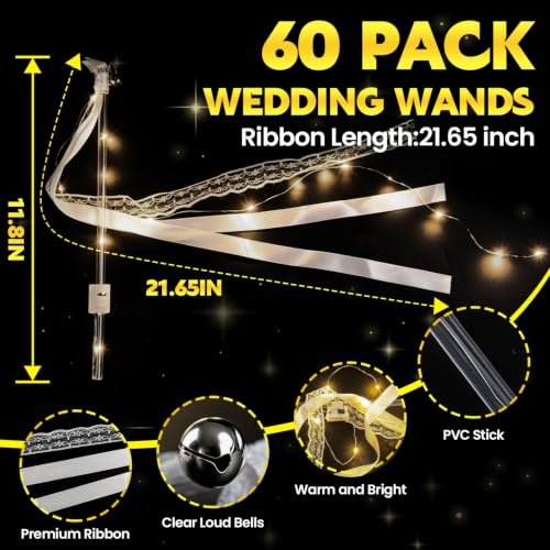 60PCS LED Wedding Wands with Ribbons & Bell - Reusable Fairy Sparkler Set