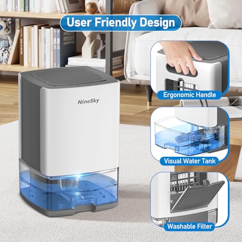 NineSky Small Dehumidifier with 35oz Water Tank, 7 Colorful Lights, Auto Shut Off - White Gray
