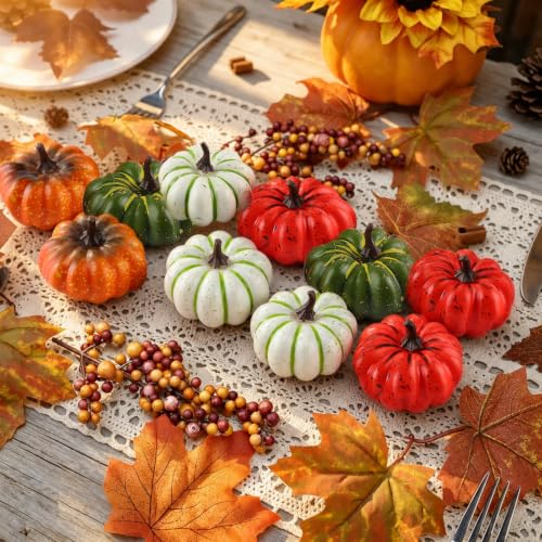 Mini Artificial Pumpkins for Fall Decor - 20 Pack Flat Thanksgiving Decorations