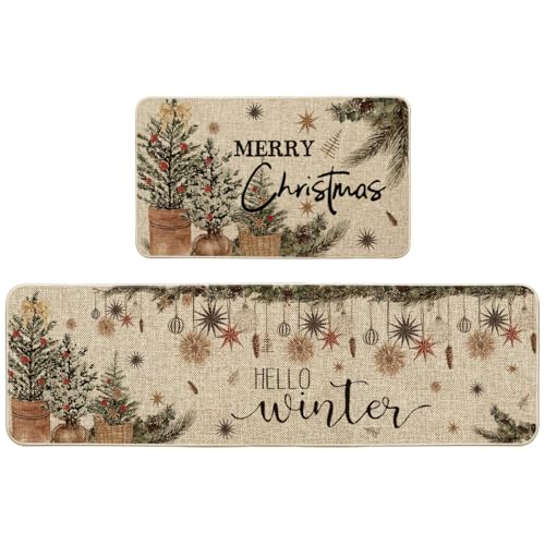 Christmas Holly Ornament Kitchen Mats Set of 2 Beige 17x29 & 17x59 Inches