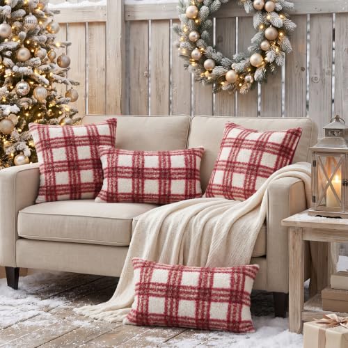 Christmas Throw Pillow Covers 24x24 Inch Set of 2 Buffalo Plaid Decorative Pillowcases - White Red, Farmhouse Rustic Holiday Decor