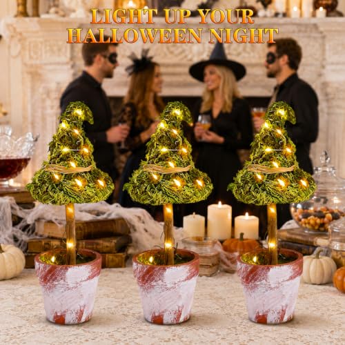 Halloween Witch Hat Topiary Plant Decor with LED Lights - 3 Pieces, Woodland Style