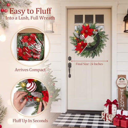 24-Inch Pre-Lit Christmas Wreath with 30 Lights and 8 Modes - Real Touch Pine