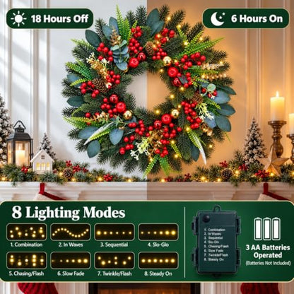 24-Inch Pre-Lit Christmas Wreath with Pine, Berries & LEDs for Front Door