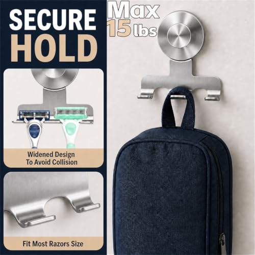 Brushed Silver Suction Cup Razor Holder for Shower Wall Mount Hook - Round