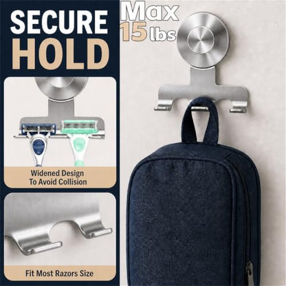 Brushed Silver Suction Cup Razor Holder for Shower Wall Mount Hook - Round