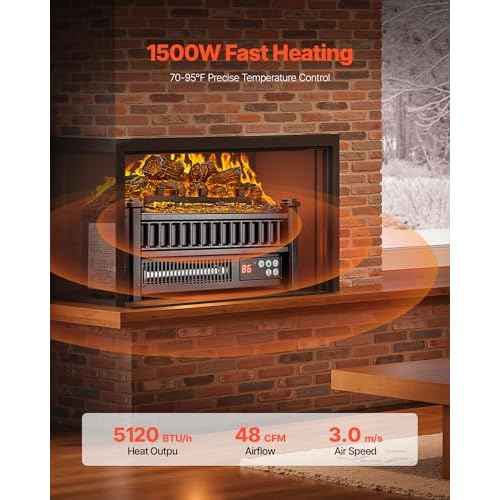 VEVOR 16 Inch Electric Fireplace Log Heater, Fireplace Insert with Remote Control, 5 Flame Brightness Levels, Thermostat, 24H Timer, Overheat Protection, for Home and Office Decor, Black